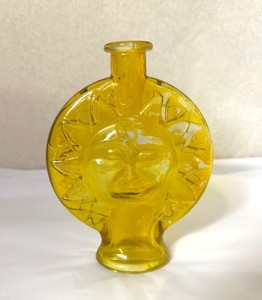 Vintage 70's Yellow Sun Face Glass Bottle Bud Vase No Cork Round 7" x 5"