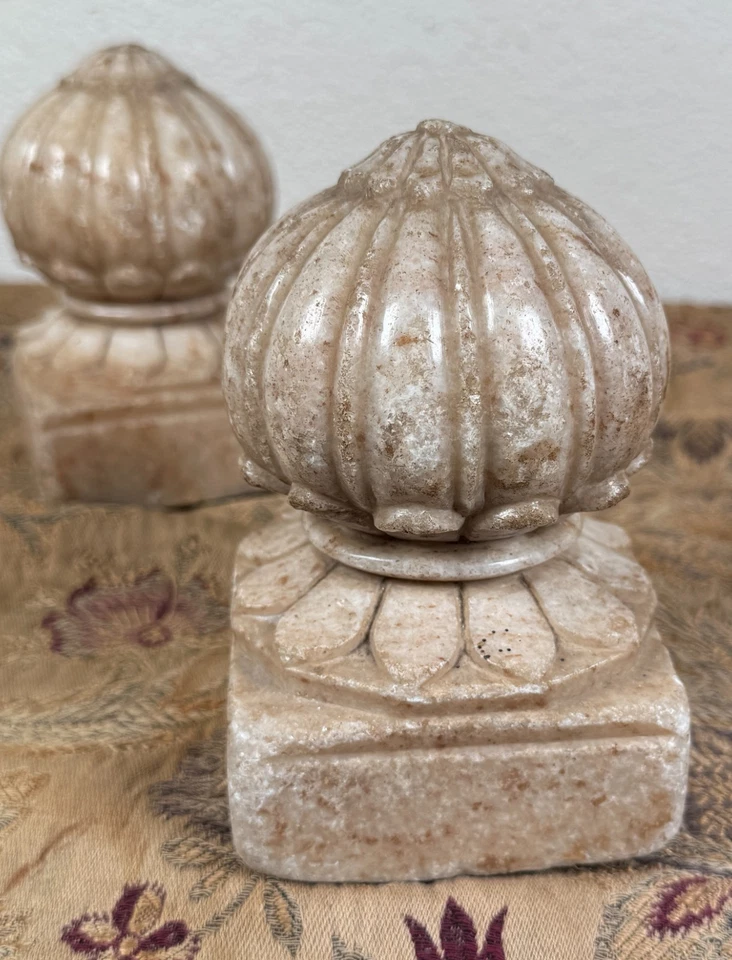 Antique Indian Mughal Carved Marble Carpet Rug Weights Lotus Sculpture 18th C. - Image 2 of 4