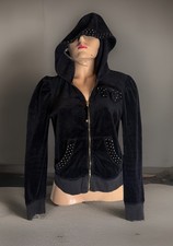Y2K Juicy Couture Black Velour Bow RHINESTONES Hooded Track jacket RARE Sz M