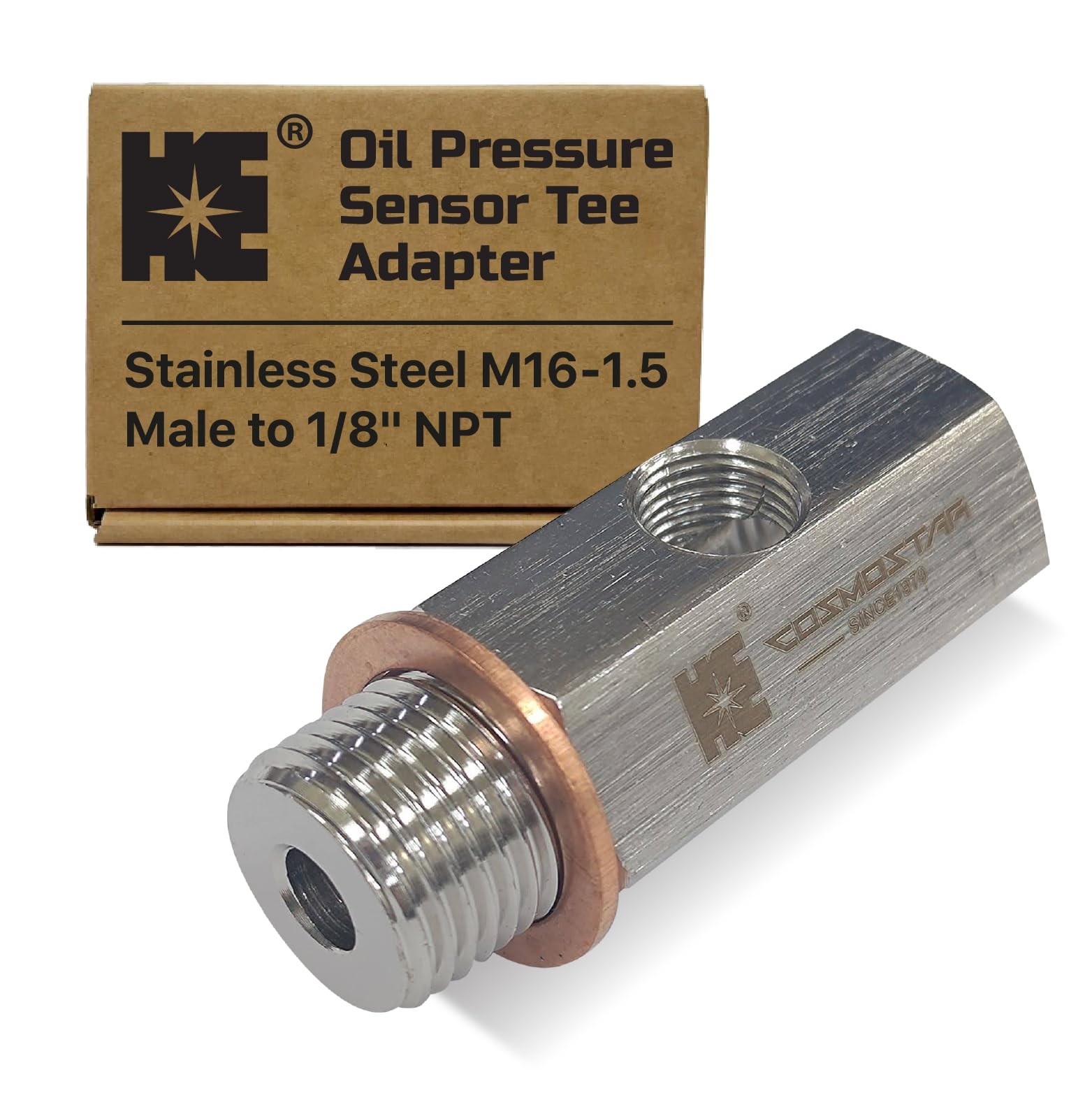 Cosmostar Stainless Steel M161.5 Male to 1/8" NPT Tee Oil Pressure Sensor Ada...