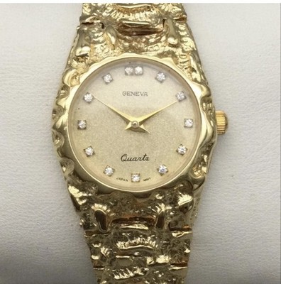 Geneva Womens Watch 24mm Gold Tone Nugget Textured Bracelet New Battery 8''