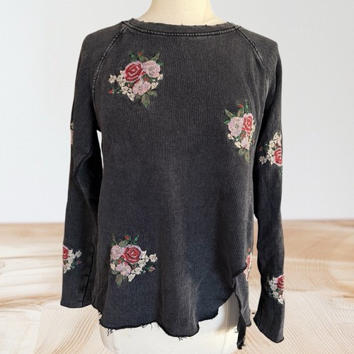 Felpa Lucky Brand ricamata floreale taglia S donna vestibilità ampia grigio invecchiato - Foto 1 di 9