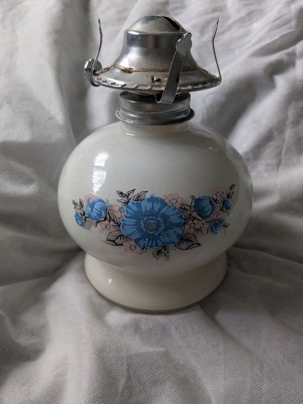 Vintage Lamplight Farms Oil Lamp Ceramic Base Milky White And Blue Floral Design