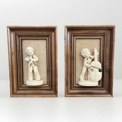 Vtg MCM 3D Framed Musical Boys Art Plaster Chalkware Horn Cello Set of 2