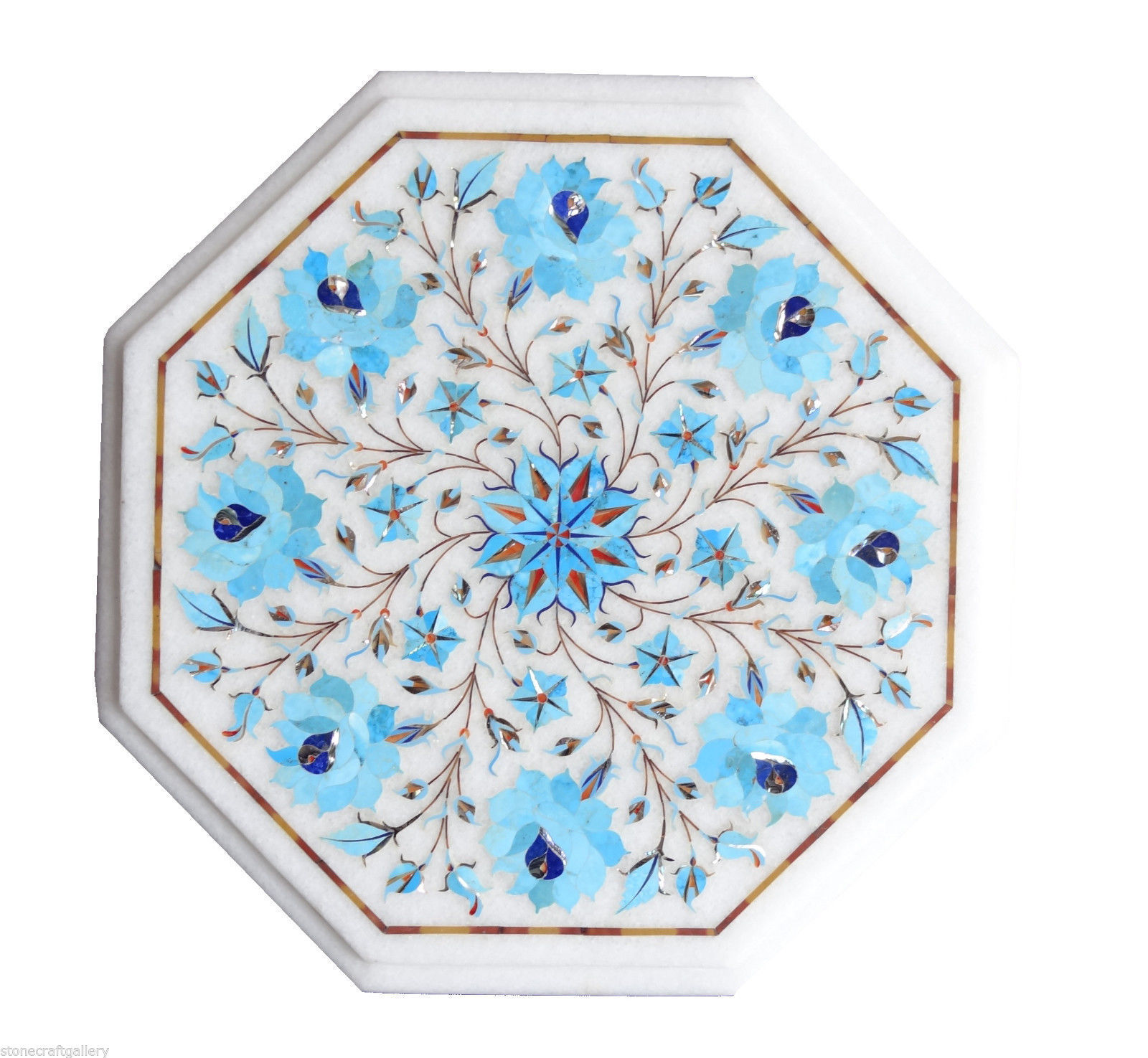12-inch corner marble table with semi-precious floral inlay decor