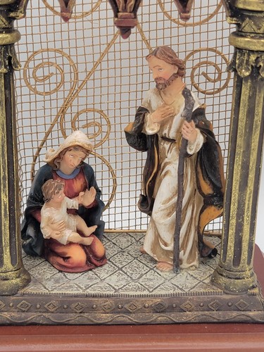 Jesus Nativity Scene Figurine Ornate Gold Wire Cage On Wood Pedestal Mary Joseph - Picture 2 of 8