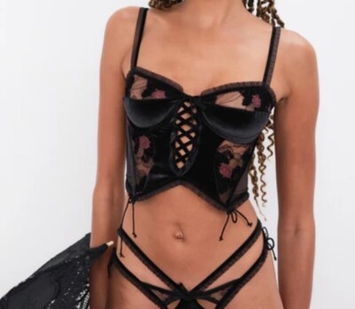 For Love & Lemons Margo Black Velvet Corset Bustier Crop Top Black  Size S NWT