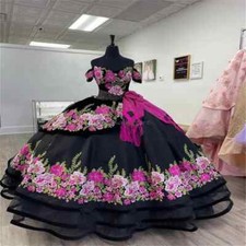 Black Princess Quinceanera Dresses Multicolor 3D Flowers Ball Gowns Sweet 15 16