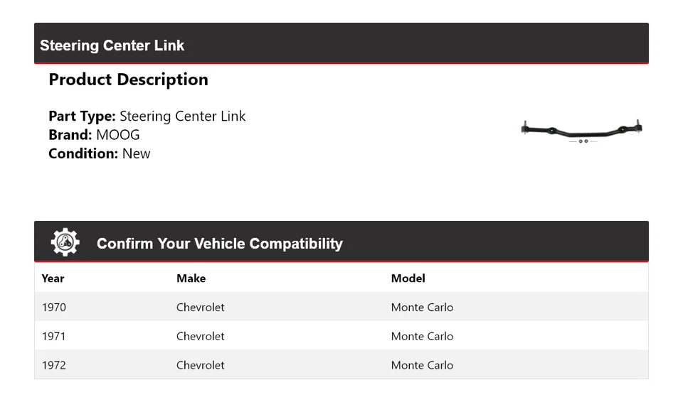 Para 1970-1972 Chevrolet Monte Carlo link central de direção MOOG 1970 1971 1972 - Imagem 2 de 4