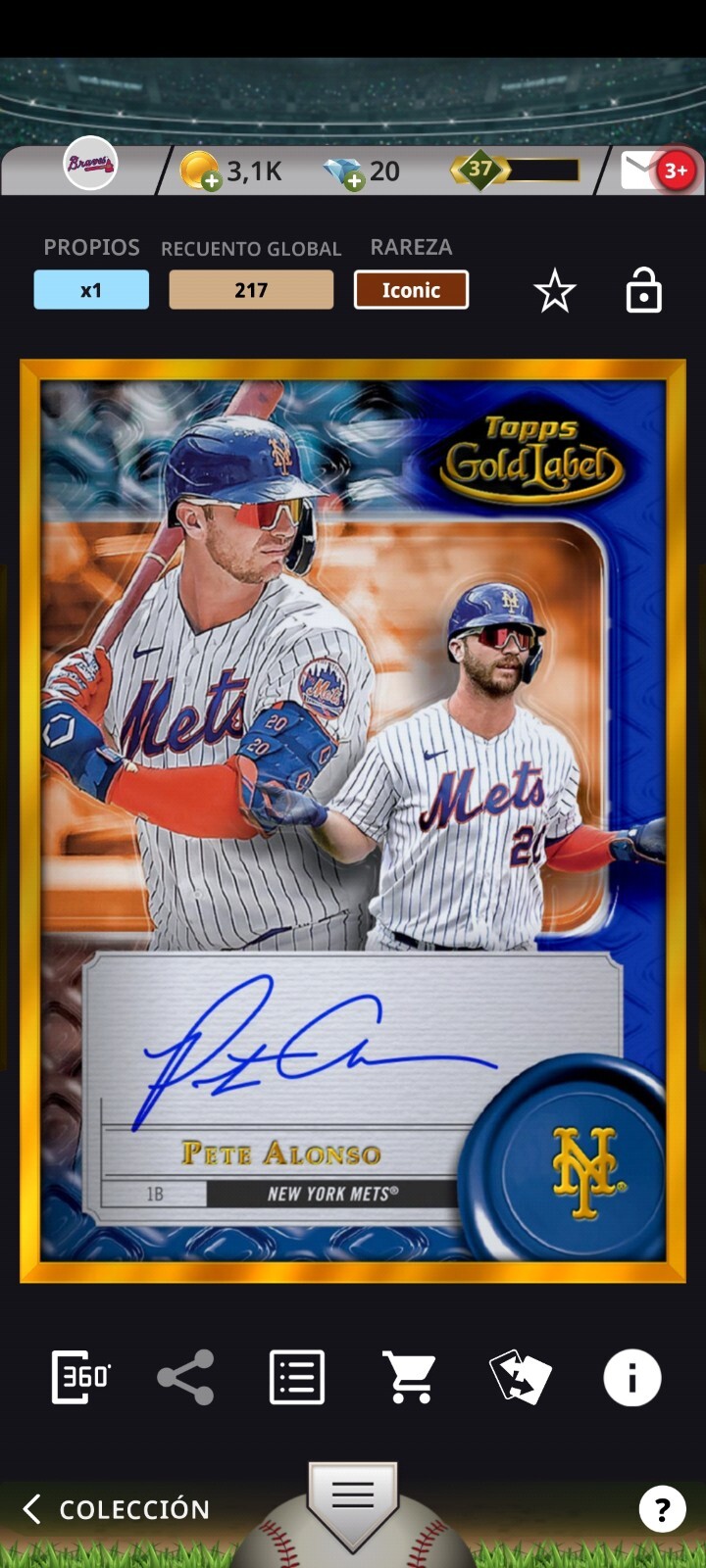 Baseball Topps Bunt 23 digital PETE ALONSO ICONIC/217 GOLD LABEL BLUE FRAMED AUT