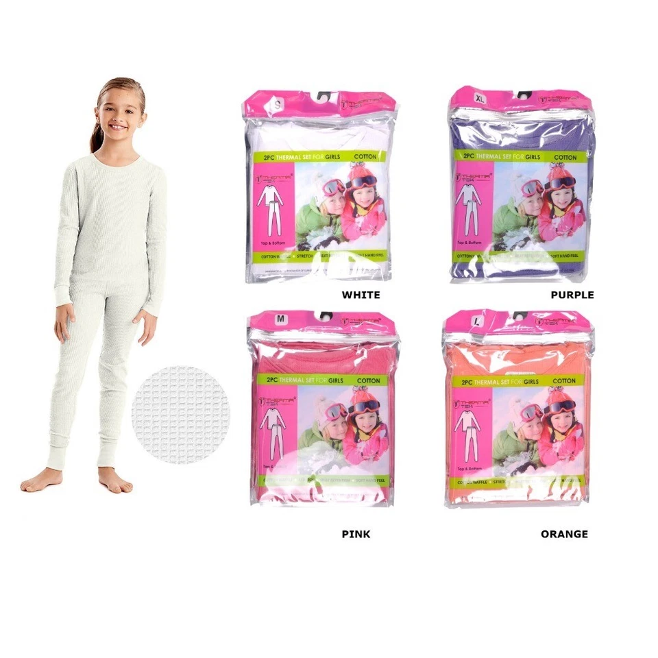 Therma Tek Girls Thermal Underwear Cotton Waffle Long Johns 2pc Top & Bottom Set