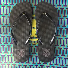 L@@K! NWT Size 8 Tory Burch Thin Strap Flip Flops Black Flats ~ Gift NEW (7.5)