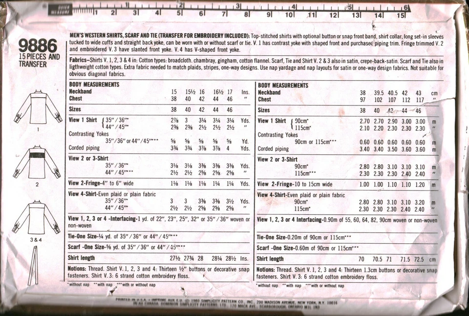 9886 Vintage Simplicity Patrón de Costura Para Hombres Camisa Occidental Bufanda Corbata Vaquero Fuera de Stock Foto 2 de 2