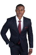 Slim Fit 2 Button Mens Blazer Plaid Black & Red Notch Lapel Jacket AZAR MAN 1675