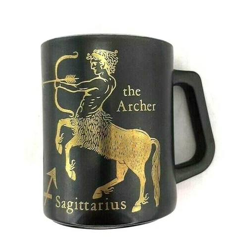 Federal Milk Glass Zodiac Sagittarius The Archer Mug Black and Gold USA Vtg MCM 