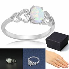 White Opal Love Heart Cutout Promise Ring 925 Sterling Silver Size 6-10 Women