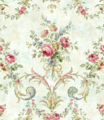 Wallpaper Pink & Red Purple Yellow Green Floral on Cream Faux, 56 sq ft per bolt