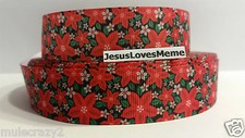 Grosgrain Ribbon, Christmas Holly Flowers, Beautiful Bright Vivid Colors, 1"
