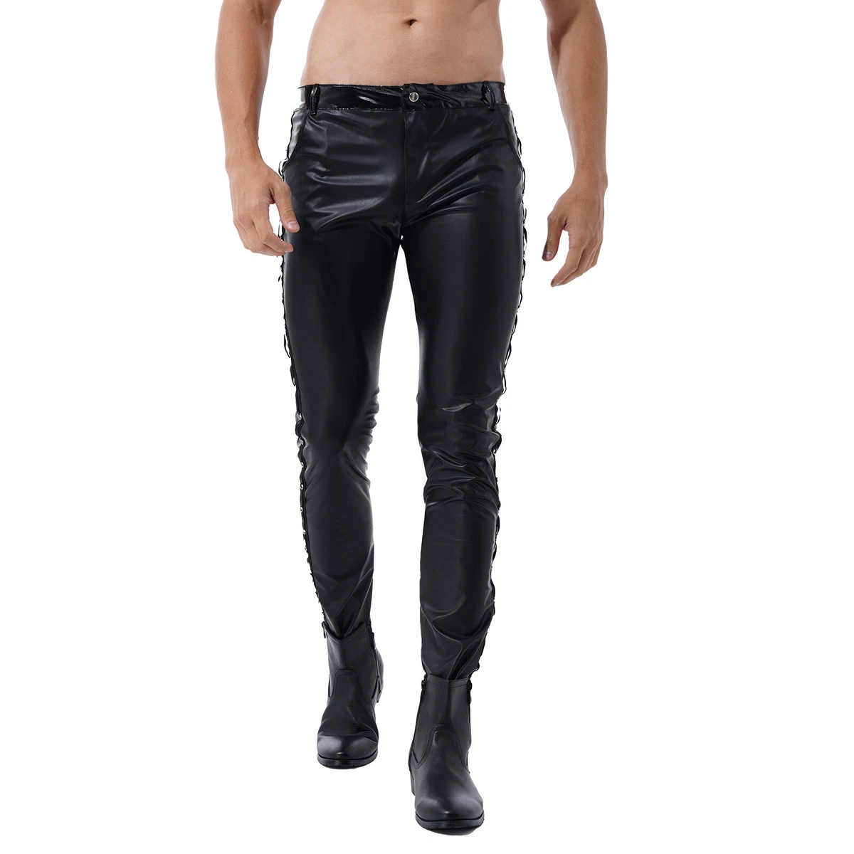 Mens Casual Night Club Wet Look Jeans Style Disco Pants Straight Leg  Trousers