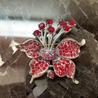VINTAGE BROOCH RED FLOWER BUTTERFLY RETRO COLLECTIBLE COSTUME JEWELRY PIN 2.5”