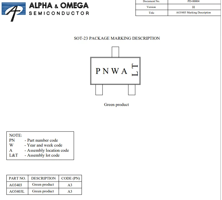 AO3403  A&O  P-Channel Mosfet  30V  2,2A  0,9W  SOT23  NEW  [10 pcs]  #BP - Bild 2 von 2
