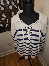 LOFT Nautical Lace-Up Pullover Sweater White Blue Striped M Long Sleeve
