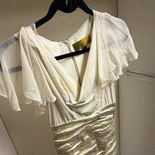 Nicole Miller Dress Womens 4 Ivory Champagne Metallic Ruched Flutter Sleeve Cowl