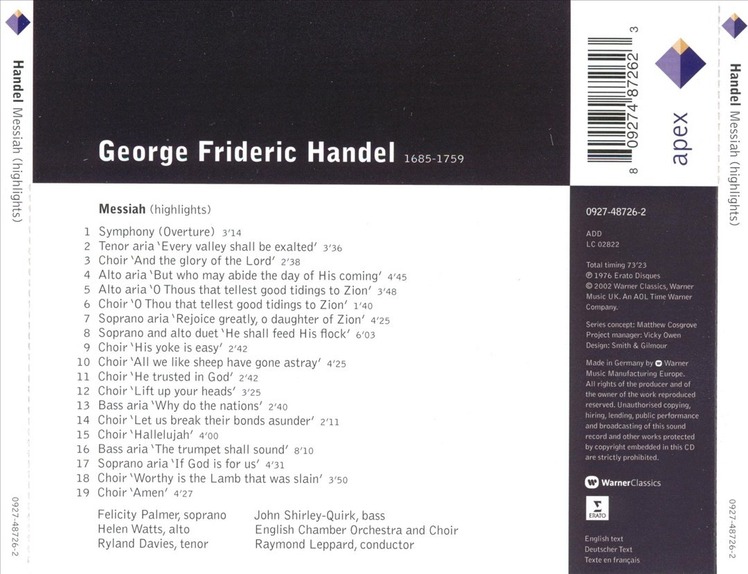 Raymond Leppard Handel: Messiah New Cd
