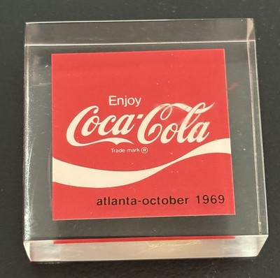 Vintage Coke Coca-Cola 1969 Square Cub Paperweight Atlanta-October Lucite