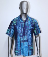 Vintage 1960s BAREFOOT IN PARADISE Blue Tiki Aloha Loop Collar Shirt Size M