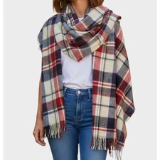 Scarf 44" x 50" Blanket Plaid Blue Red White 