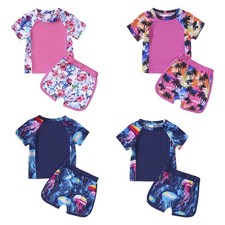 Girls Two Piece Beachside Bathing Suits Costume Rash Guard Short Sleeve Beach