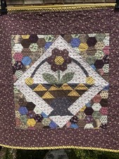 Vintage Patchwork Quilt Flower Basket Style Hand Made Throw Cover, Rose  Green