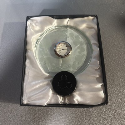 VTG Disney Time Works Desk Table Mantle Clock Etched Glass Hidden Mickey Ears