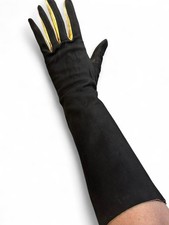 FREDDY PARIS VINTAGE LONG GLOVES BROWN SUEDE W GOLD LEATHER FINGER ACCENTS RARE