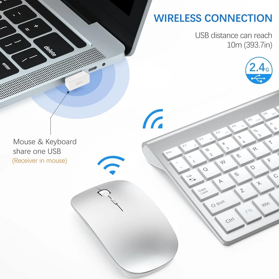 Wireless Ultra Slim Silent Compact USB Keyboard and 2400DPI Mouse - Silver/White - Image 3 of 4
