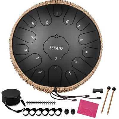 Steel Tongue Drum 13 Inch 15 Notes, LEKATO C Key Black 13''