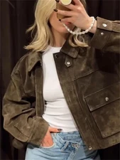 ZARA STYLE NEW WOMEN FAUX  LEATHER BOMBER SUEDE JACKET DARK CAMEL-  KHAKI  -ALL.