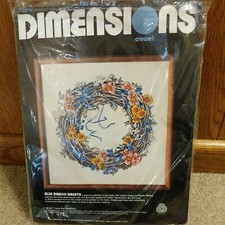 1984 Dimensions Blue Ribbon Wreath Crewel Embroidery Open Kit Karen Avery