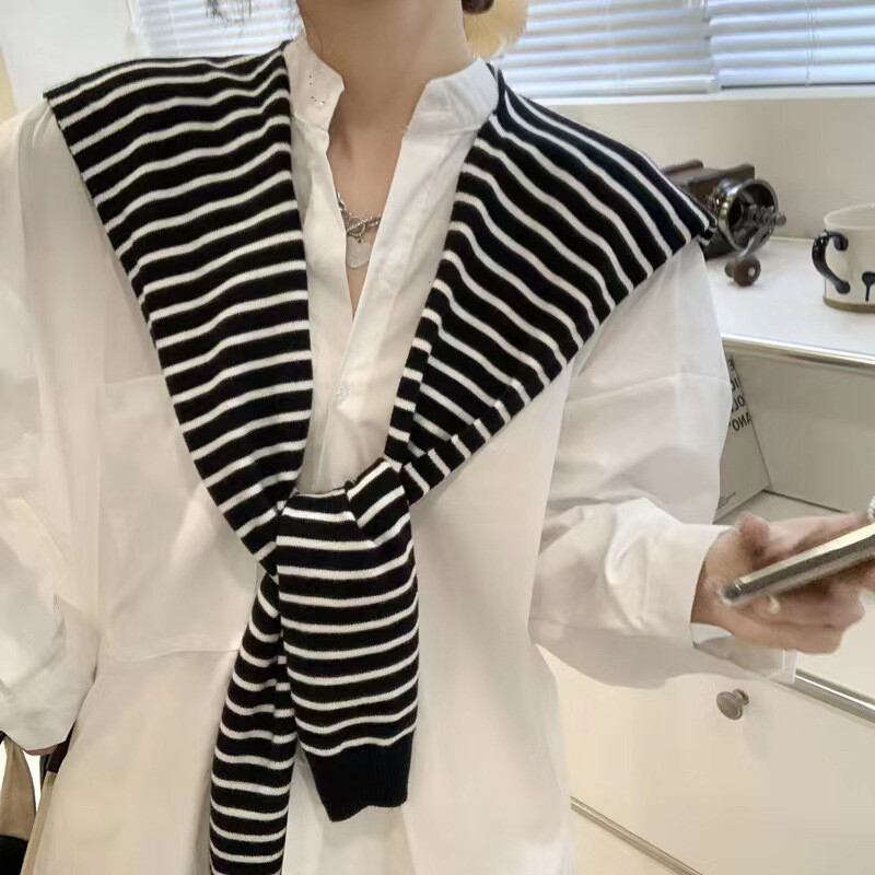 Women Blouse Shoulders Korean Style Knitted Stripes Scarf Clothes Decoratia5