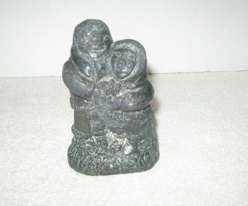 Vintage "The Wolf Sculptures" Carved Soapstone Two Eskimos