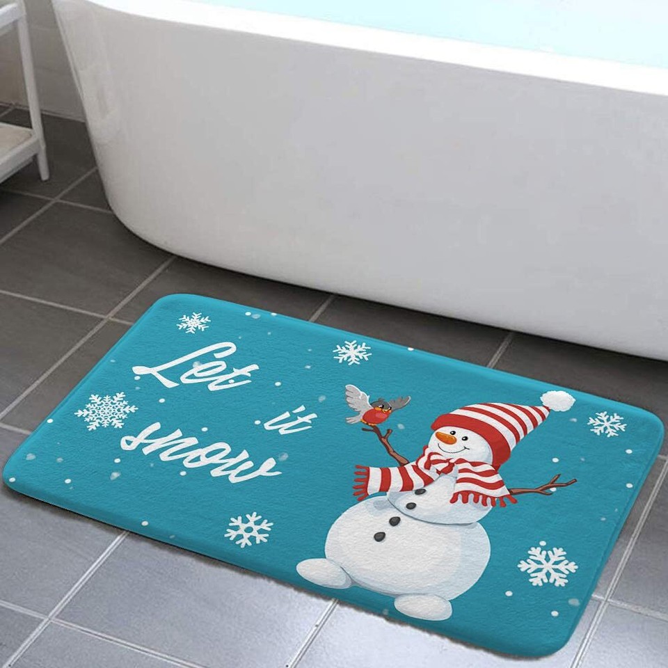 Snowman Christmas Bath Mat Blue Winter Mat Water Absorbent NonSlip 17