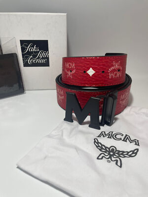 Authentic MCM Red Reversible Leather Belt with shopping bag  display picture 3