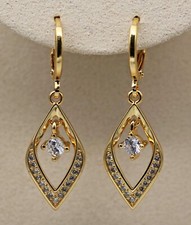 18K Yellow Gold Filled Clear Round CZ Rhombus Shape Mini Hoop Dangle Earrings