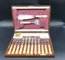 Antik Art Deco Walker & Hall 14 teiliges Fischbesteck VERSILBERT um 1930 Bakelit