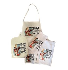 Custom Made Kitchen Set of 4 Oven Mitt Pot Holder Dish Towel  Apron Gift Retro