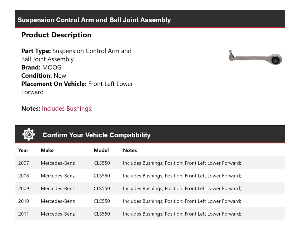 Brazo de control delantero izquierdo delantero inferior delantero MOOG para Mercedes-Benz CLS550 2007-2011 Foto 2 de 4