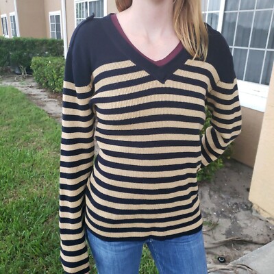 Ralph Lauren Jeans Co Sweater Pullover Striped Womens XL Long Sleeve Gold  Blue