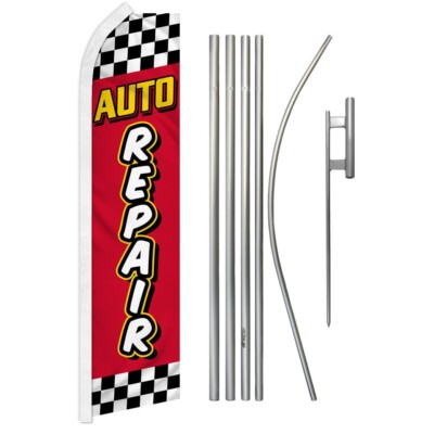 Auto Repair (Red Checkered) Swooper Flutter Feather Advertising Flag & Pole Kit