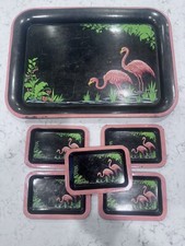 Vintage Pink Flamingo Mid Century Serving Tray + 5 Mini Trays Coasters Plates